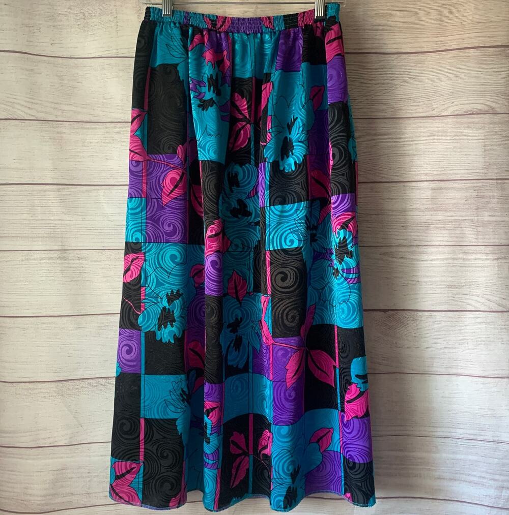 Vintage Tanjay Mutli-Color Skirt with Pockets Floral Color Block Midi Size 10